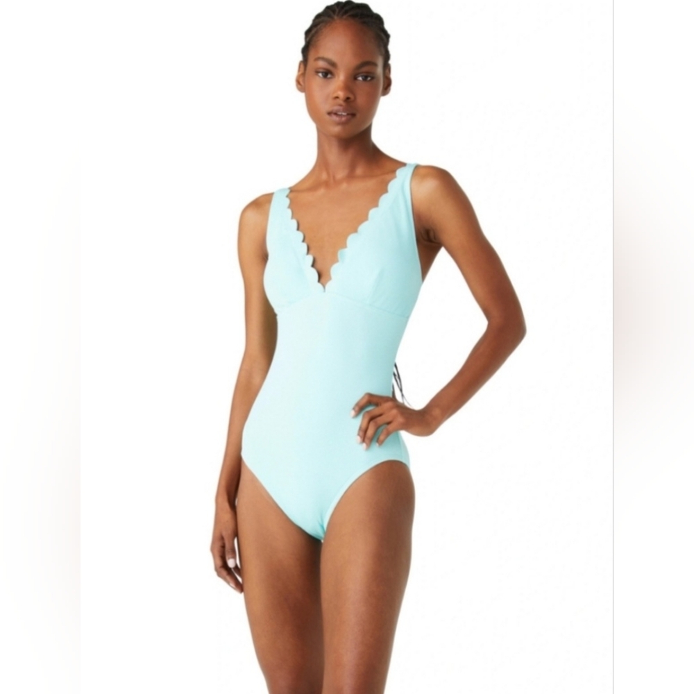 KATE SPADE PIQUE SCALLOPS PLUNGE ONE PIECE